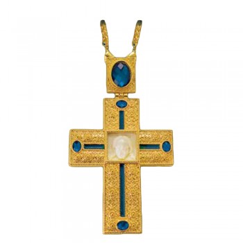 ΣΤΑΥΡΟΣ ΕΠΙΣΤΗΘΙΟΣ  ΕΠΙΧΡΥΣΟΣ ΜΕ ΑΠΟΜΙΜΗΣΗ ΕΛΕΦΑΝΤΟΔΟΝΤΟΥ ΜΠΛΕ ΠΕΤΡΑ