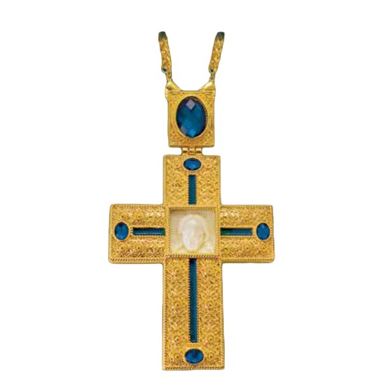 ΣΤΑΥΡΟΣ ΕΠΙΣΤΗΘΙΟΣ  ΕΠΙΧΡΥΣΟΣ ΜΕ ΑΠΟΜΙΜΗΣΗ ΕΛΕΦΑΝΤΟΔΟΝΤΟΥ ΜΠΛΕ ΠΕΤΡΑ