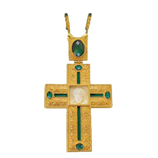 ΣΤΑΥΡΟΣ ΕΠΙΣΤΗΘΙΟΣ  ΕΠΙΧΡΥΣΟΣ ΜΕ ΑΠΟΜΙΜΗΣΗ ΕΛΕΦΑΝΤΟΔΟΝΤΟΥ ΠΡΑΣΙΝΗ ΠΕΤΡΑ