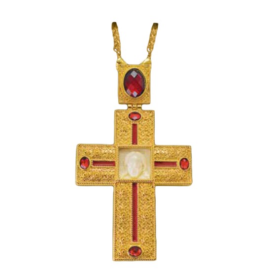 ΣΤΑΥΡΟΣ ΕΠΙΣΤΗΘΙΟΣ  ΕΠΙΧΡΥΣΟΣ ΜΕ ΑΠΟΜΙΜΗΣΗ ΕΛΕΦΑΝΤΟΔΟΝΤΟΥ ΚΟΚΚΙΝΗ ΠΕΤΡΑ