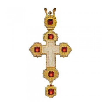 ΣΤΑΥΡΟΣ ΕΠΙΣΤΗΘΙΟΣ  ΕΠΙΧΡΥΣΟΣ ΜΕ ΑΠΟΜΙΜΗΣΗ ΕΛΕΦΑΝΤΟΔΟΝΤΟΥ ΚΟΚΚΙΝΗ ΠΕΤΡΑ