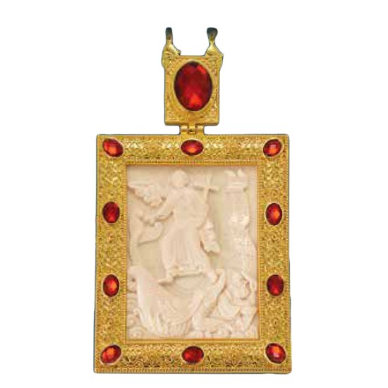 ΕΓΚΟΛΠΙΟ ΕΠΙΧΡΥΣΟ ΜΕ ΑΠΟΜΙΜΗΣΗ ΕΛΕΦΑΝΤΟΔΟΝΤΟΥ ΚΑΙ ΚΟΚΚΙΝΕΣ ΠΕΤΡΕΣ